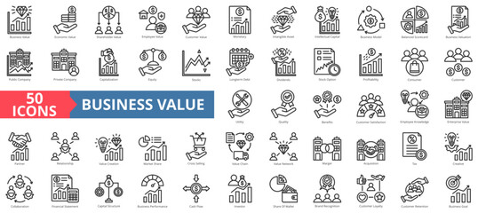 Business value icon collection set. Containing economic,shareholder,employee,customer,monetary,equity,profitability icon. Simple line vector illustration. - obrazy, fototapety, plakaty
