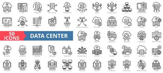 Data center icon collection set. Containing cloud computing,security,hosting,computer,internet,server,information  technology icon. Simple line vector illustration.