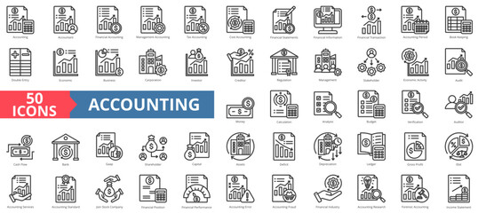 Accounting icon collection set. Containing economy, business, financial, management, tax, transaction, calculation icon. Simple line vector illustration. - obrazy, fototapety, plakaty