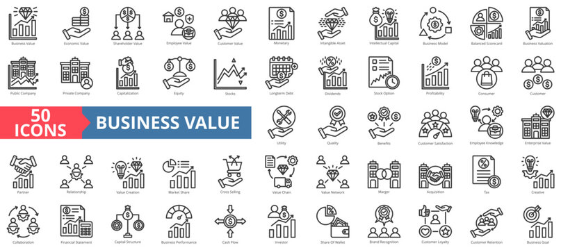 Business value icon collection set. Containing economic,shareholder,employee,customer,monetary,equity,profitability icon. Simple line vector illustration.
