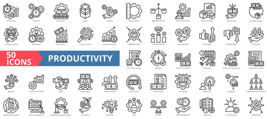 Productivity icon collection set. Containing time management,work plan,engineering,efficiency,production,goods,services icon. Simple line vector illustration. - obrazy, fototapety, plakaty