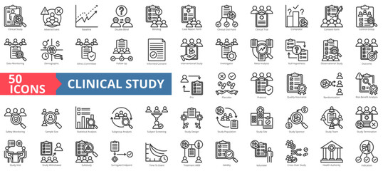 Clinical study icon collection set. Containing adverse event,baseline,double blind,blinding,case report form,clinical endpoint,clinical trial icon. Simple line vector illustration. - obrazy, fototapety, plakaty