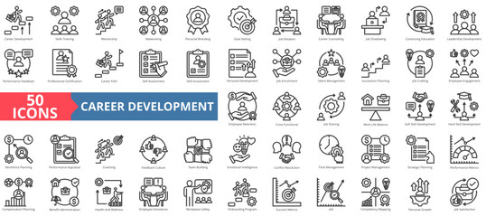 Career development icon collection set. Containing skills training,mentorship,networking,personal branding,goal setting,job rotation icon. Simple line vector illustration.