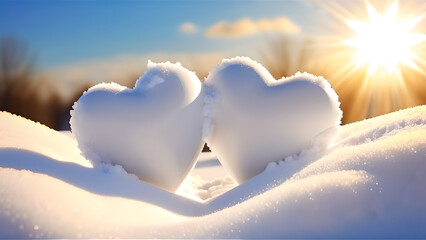 two hearts in snow, beautiful background, Valentine's Day card, gentle, stylish background