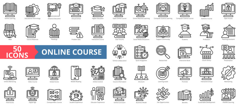 Online course icon collection set. Containing online,course,learning,education,machine learning,presentation,class icon. Simple line vector illustration.