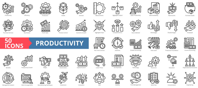 Productivity icon collection set. Containing time management,work plan,engineering,efficiency,production,goods,services icon. Simple line vector illustration.