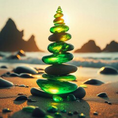 A stack of rocks sitting on top of a sandy beach, glowing green rocks