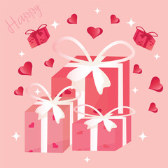  Pink gift boxes on pink background with paper red hearts and text.Happy