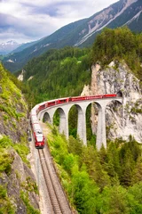 Papier Peint photo Viaduc de Landwasser Swiss red train on viaduct in mountain, scenic ride