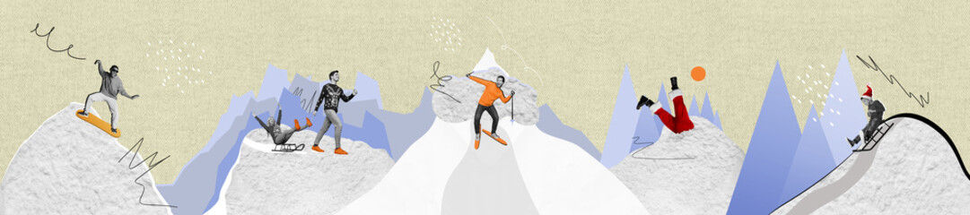Creative collage panorama illustration collection of skiing people likes extreme sports have fun in...