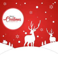 Merry Christmas Snowland Papercut Vector card design Trees Snowfall Reindeer in the Forest on Red Sky Background.