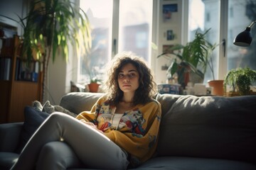 In cozy living room happy woman sitting leaned on couch 30s european female enjoy lazy weekend or vacation, housewife relaxing feels satisfied accomplish chores housework concept