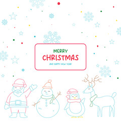 Christmas card with santa claus, snowman, rendier, penguin, snowfall in line art design