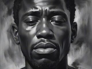Black and white portrait of the face of a suffering black man. Generative AI