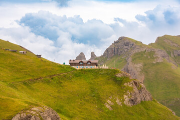 Panoramic refuge in Dolomite alps, Italy, in summer