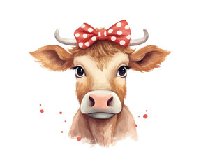 Cute cow Hairy Coo in a red polka dot bow headband. Vector illustration design. - obrazy, fototapety, plakaty