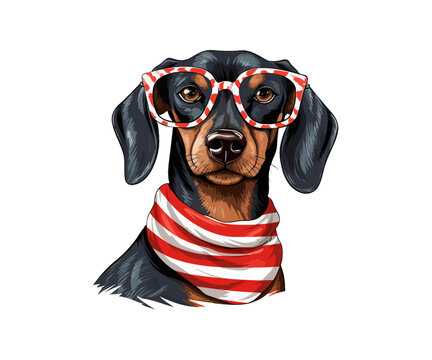 A dachshund dog in red glasses and polka dots. Vector illustration design.