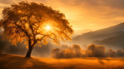 A solitary tree stands ablaze in golden hues, leaves gently cascading in a serene dance. - obrazy, fototapety, plakaty
