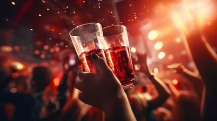 New Year's Eve Party, People holding coke drinks while dancing ,with blurred background