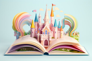 Open book with a fantasy world popping out. A castle illustration over a book. Generative AI. - Powered by Adobe