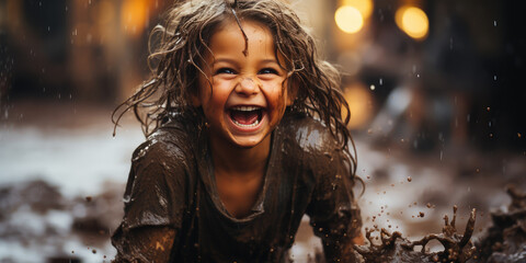 Little kid playing on the mud and having fun - Powered by Adobe