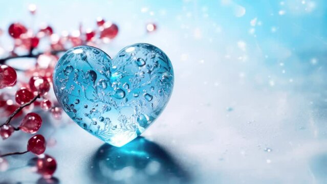 A blue glass or ice heart shaped pendant on wintertime background with frozen red berries on a twig. Romantic, birthday or Valentine's day animated background with copy-space.