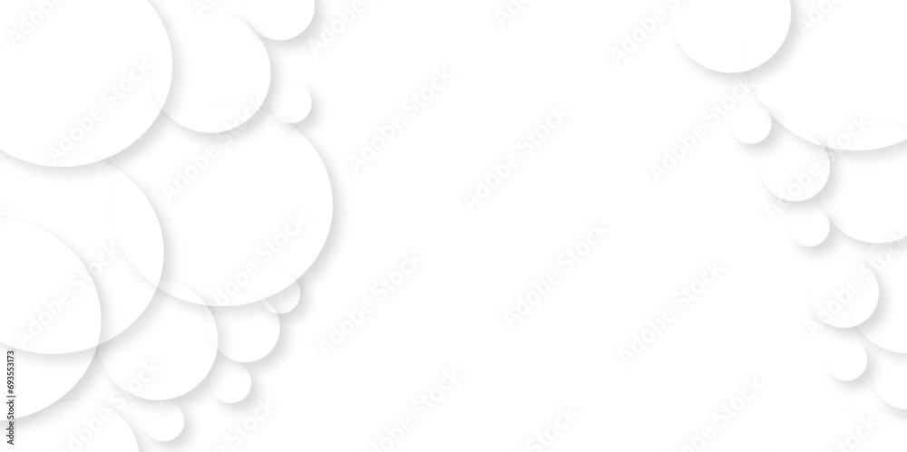 Poster Modern abstract white background with circles. White bubble.Random shifted white circle background wallpaper banner pattern with copy space Abstract blank geometric circle with drop shadow background.