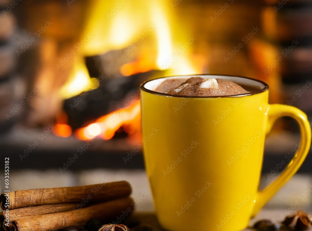 Canvas Prints Hot chocolate at home by the fire. Winter holiday, seasonal concept.