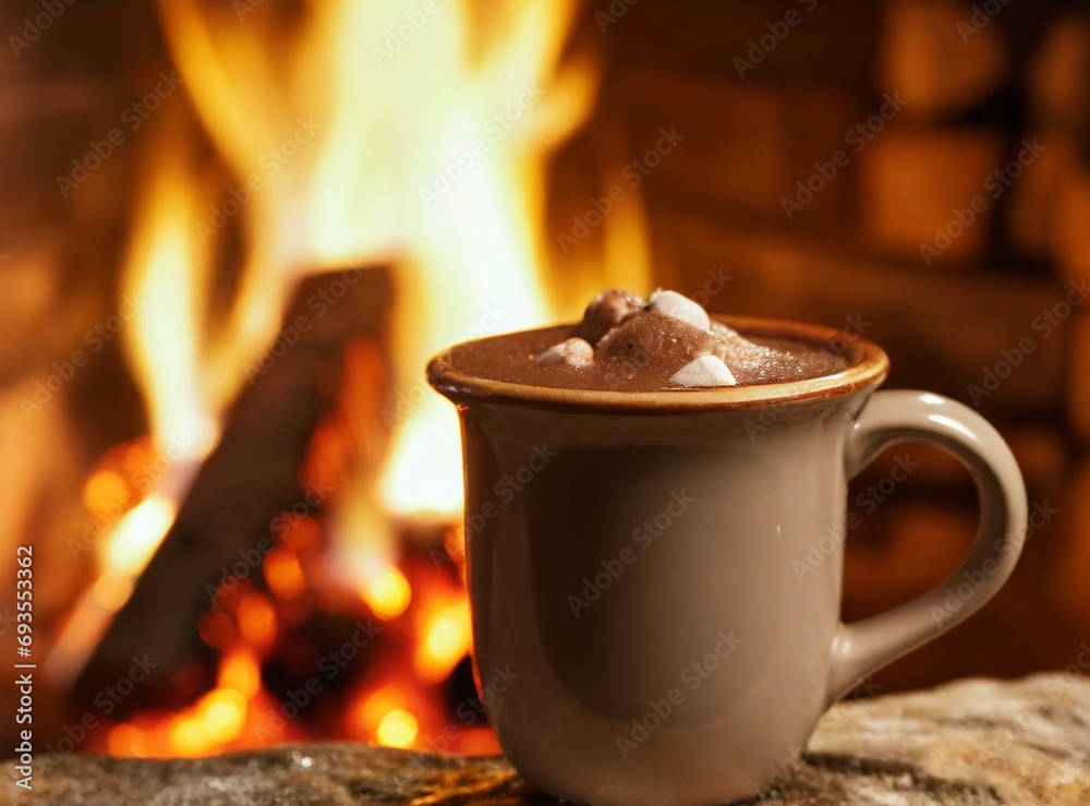 Poster Hot chocolate at home by the fire. Winter holiday, seasonal concept.