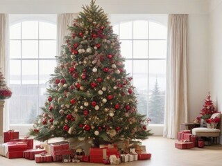 Fototapeta na wymiar Christmas tree and presents in a bright living room with a large window 