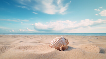 Fototapeta na wymiar Minimalist Seashell on sandy beach, Beautiful seashell on beach. AI Generated.