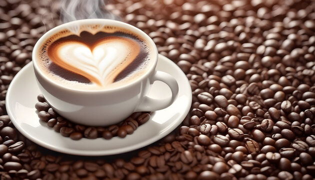 cup of hot coffee on coffee beans with a heart of foam. A coffee for Valentine's day, date night  created with generative ai
