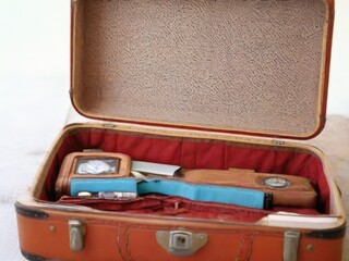 Old suitcase with a pair of wrist watches and a map in it
