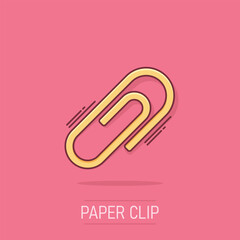 Vector cartoon paper clip attachment icon in comic style. Paperclip concept illustration pictogram. Attach file business splash effect concept.