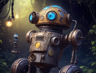 3D rendering of an old robot in the jungle. Fantasy.
