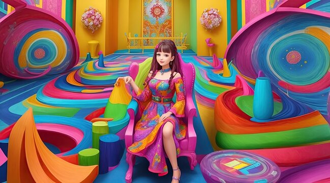 3D rendering of a girl in a colorful room with colorful walls
