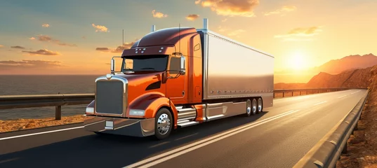 Fotobehang Efficient american style truck on freeway hauling a load for efficient transportation on highways © Ilja