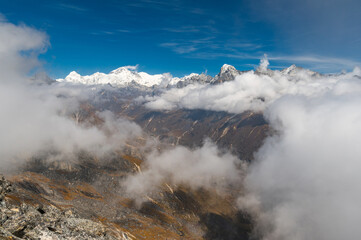 View from the Sunder Peak to the Himalayas and river Bhote Koshi. View of mountain Cho Oyu and Himalayas during trekking in  Sagarmatha, Nepal in a clear day. Three passes trek in Nepal.