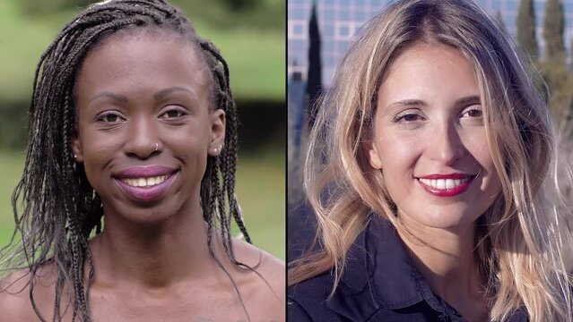 Split screen showing a smiling black girl and a white girl, celebrating diversity and joy