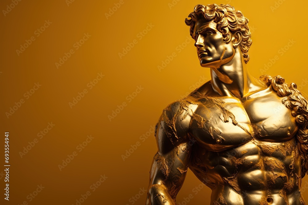 Wall mural a beautiful ancient gold greek, roman stoic male statue, sculpture on a golden backdrop. great for p - Wall murals