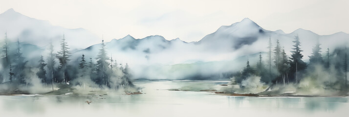 Obraz na płótnie Canvas Mountain tops panorama landscape banner. Neutral blue and gray pastel colour. Abstract Misty and Dreamy Rocky Mountain Peaks.