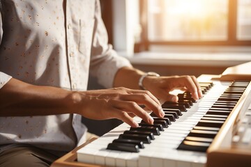 Skilled musician playing keyboard on blurred defocused background with copy space for text