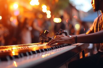 Professional musician playing keyboard with defocused background and copy space for text