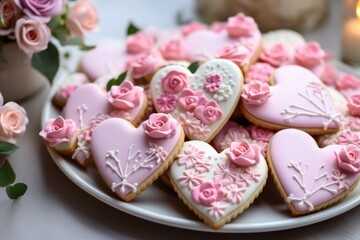 Fototapeta na wymiar Heart shapes pink cookies decorated for Valentine's day, close-up, selective focus.