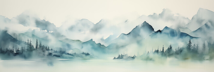 Mountain tops panorama landscape banner. Neutral blue and gray pastel colour. Abstract Misty and Dreamy Rocky Mountain Peaks. - obrazy, fototapety, plakaty