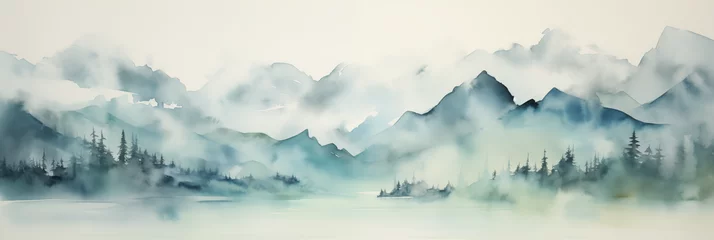 Fotobehang Mountain tops panorama landscape banner. Neutral blue and gray pastel colour. Abstract Misty and Dreamy Rocky Mountain Peaks. © PEPPERPOT
