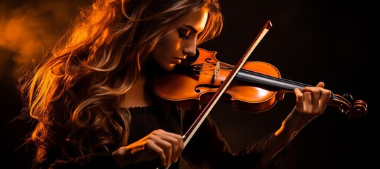 Passionate female musician playing violin, showcasing intricate details and expression