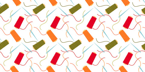 Pattern of needle with thread. Seamless pattern with different color threads on white background. Endless repeating pattern with sewing tool