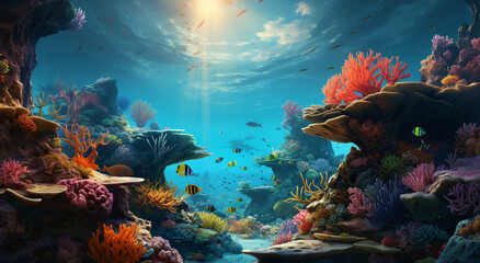 Underwater view of the coral reef. Ecosystem. Life in tropical waters. - obrazy, fototapety, plakaty