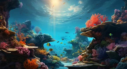 Poster Underwater view of the coral reef. Ecosystem. Life in tropical waters. © Nataliia